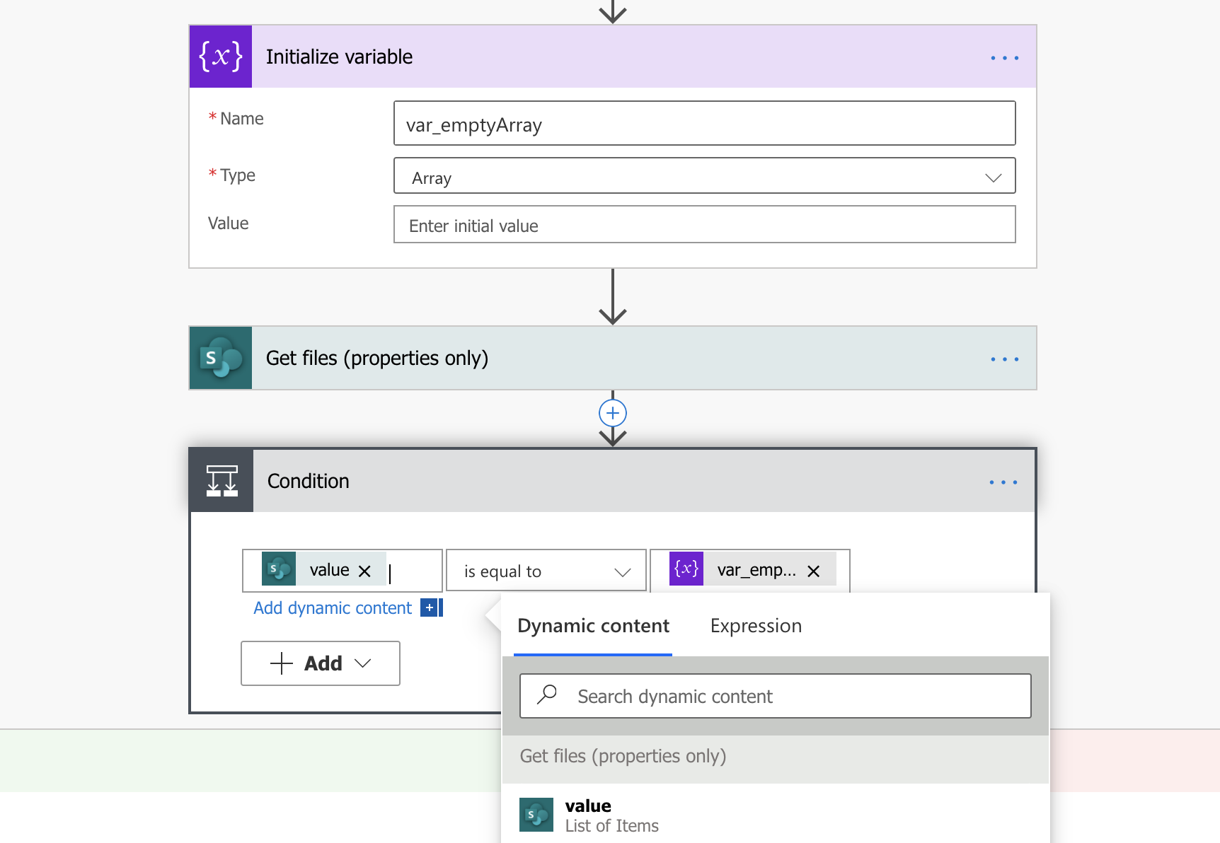 How to write a condition 'if file was found' in Power Automate