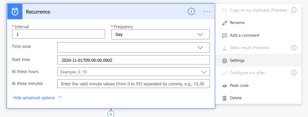 Power Automate trigger action settings