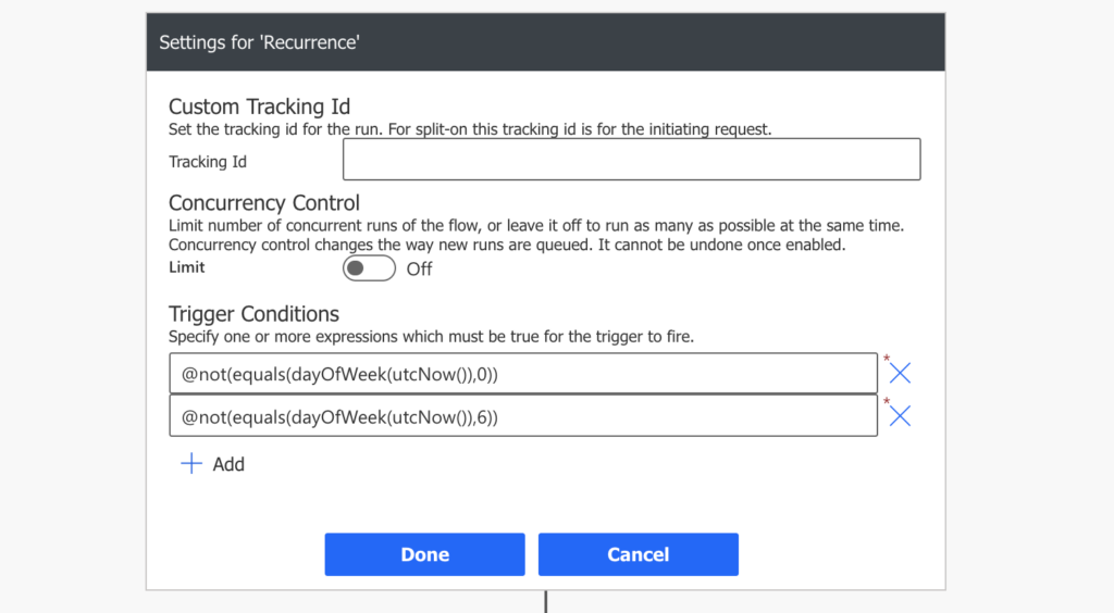 Power Automate trigger condition run only on work days