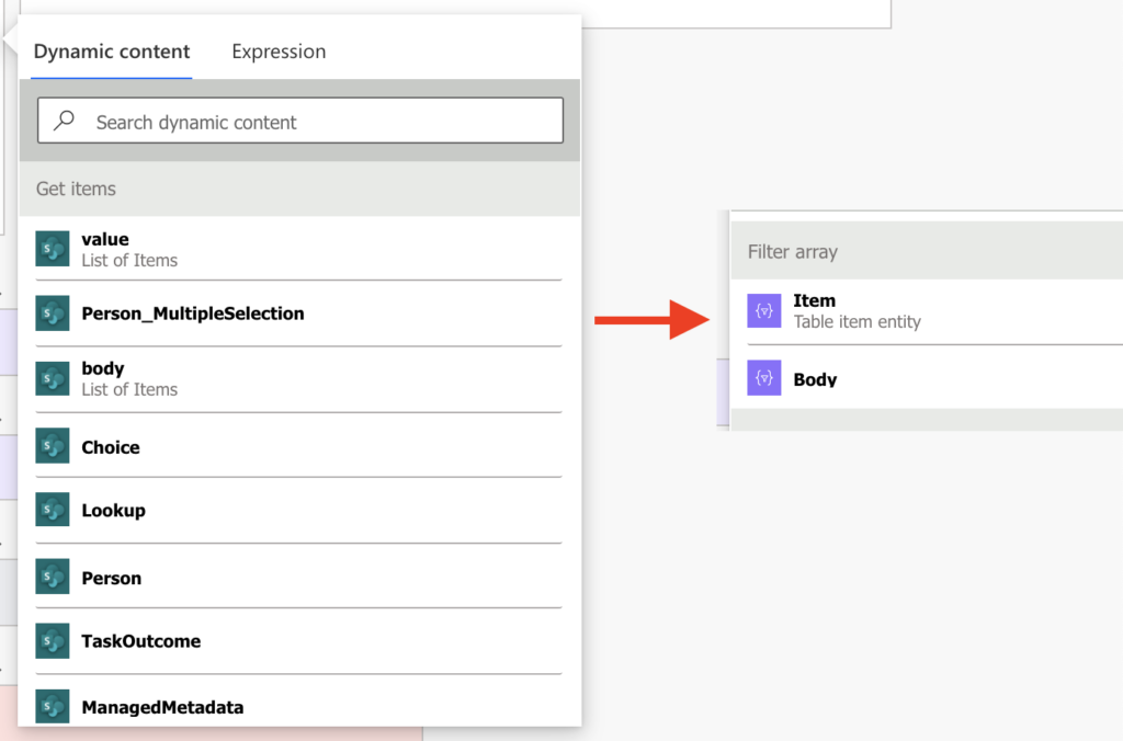 Power Automate filter array dynamic content