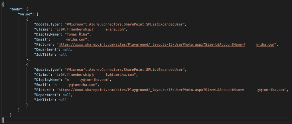 power automate csv table export person column json