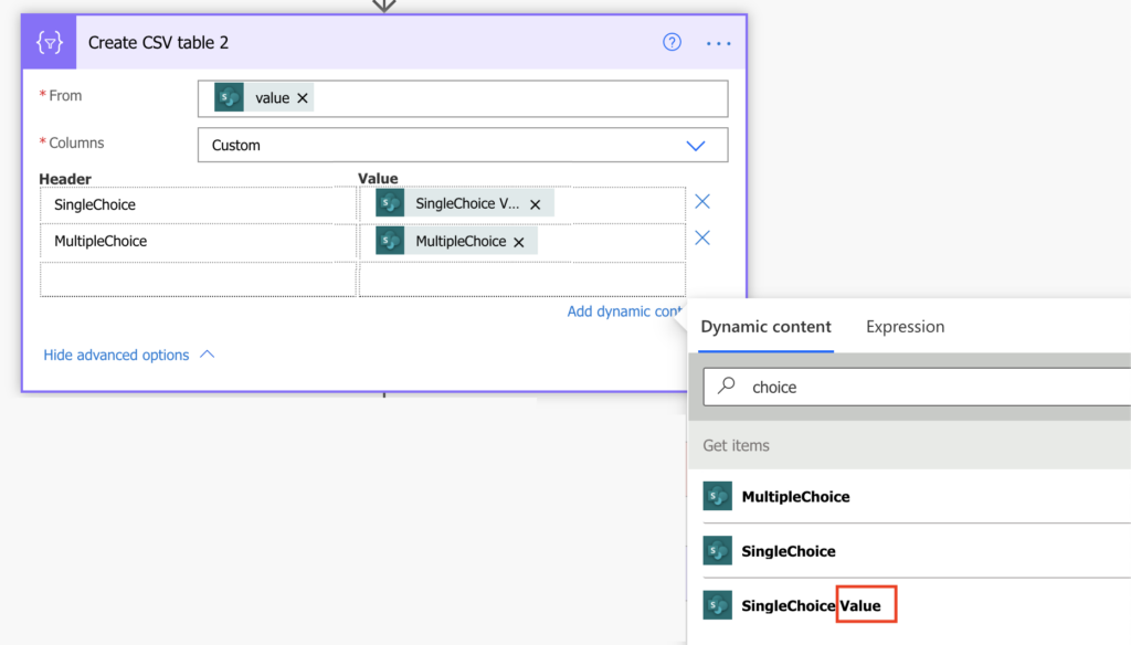 power automate format csv multiple choice 