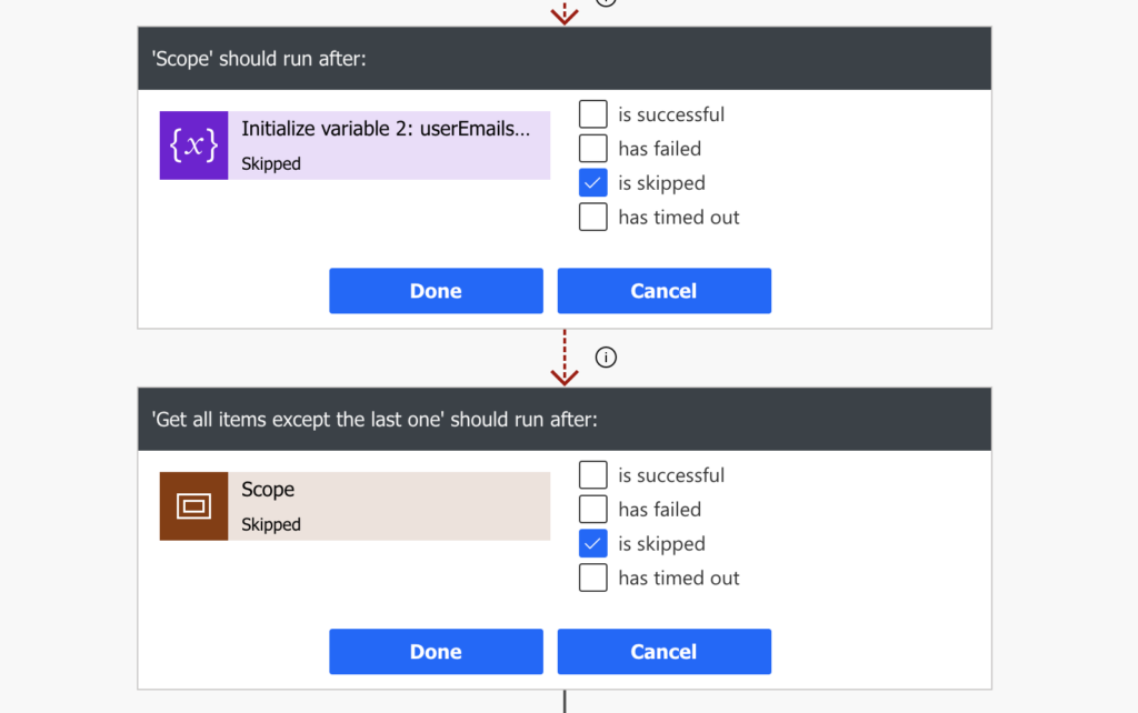 Power Automate run after is skipped to disable action