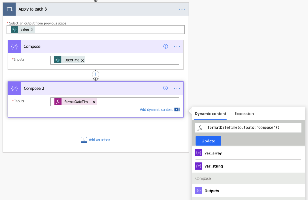 missing SharePoint column expression Power Automate Compose action