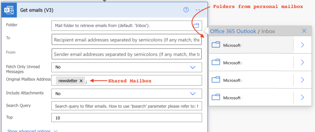 Power Automate get emails shared mailbox folder