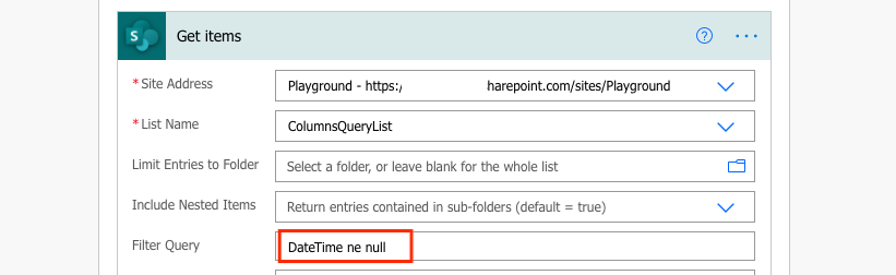 Power Automate date not equals null Filter query