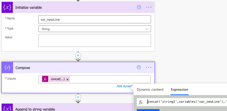 How to add new line ('\n') to a string in Power Automate