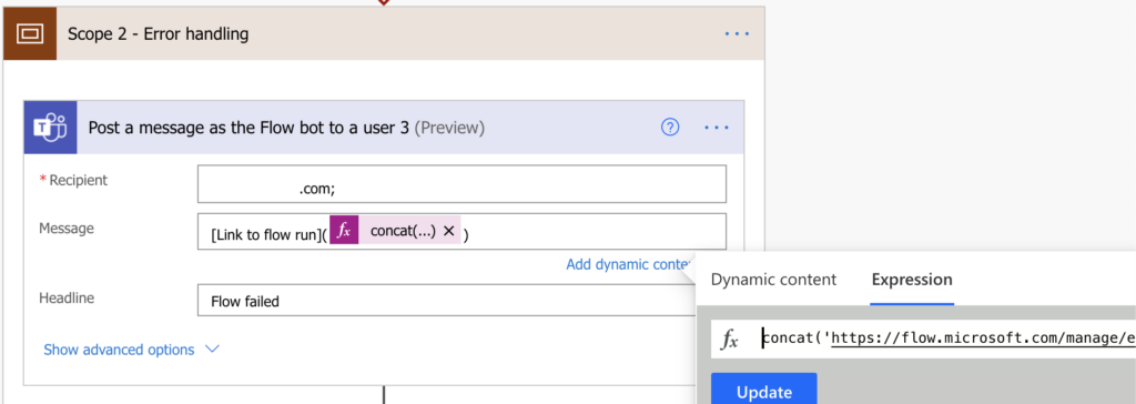 Power Automate send a message with link if flow failed