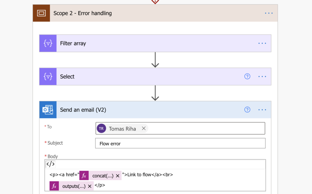 Power Automate send error message with failed flow information