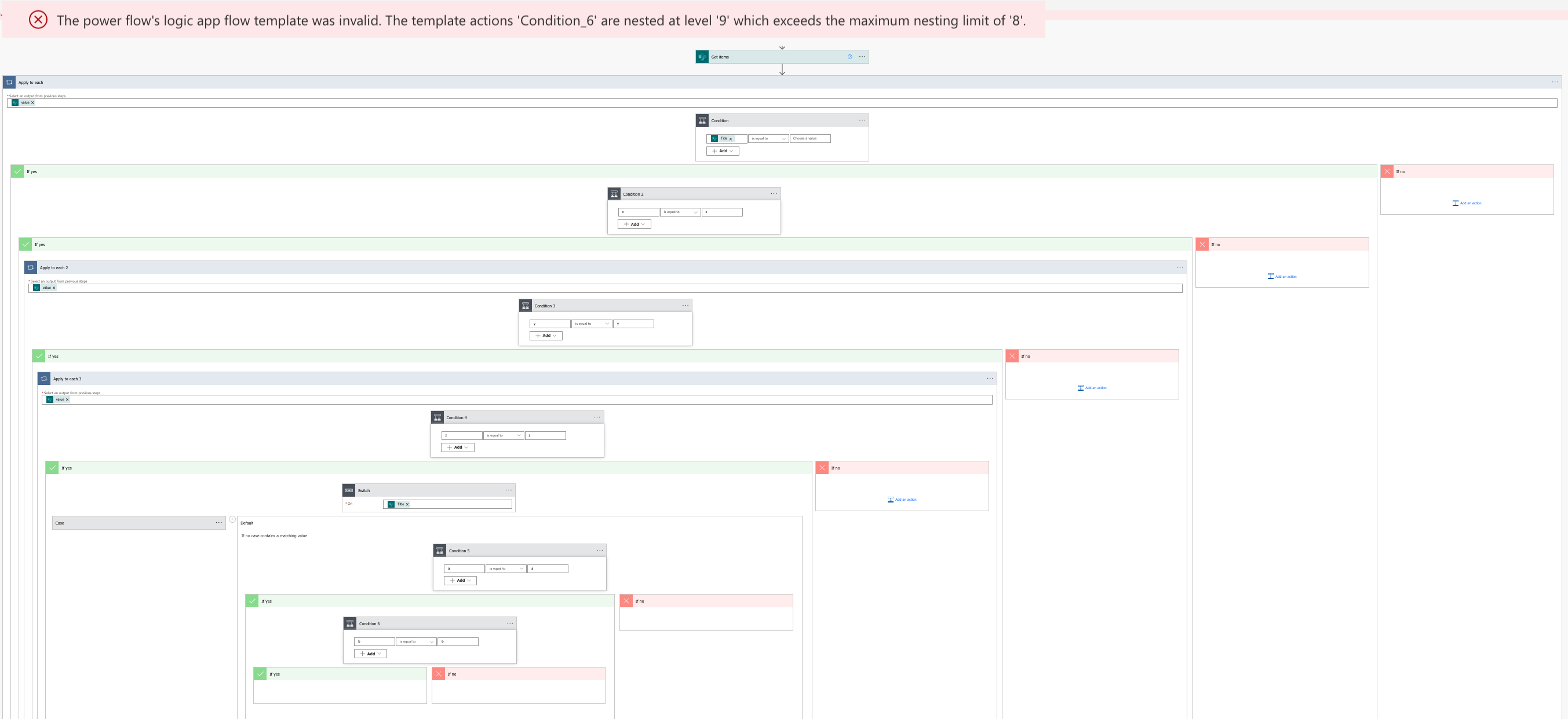 How to solve the nesting limit of 8 error in power automate