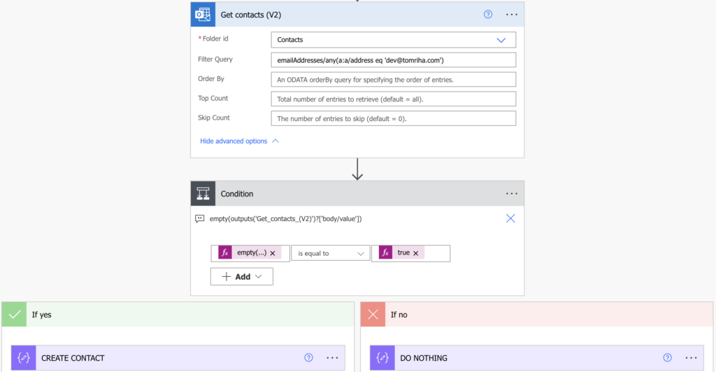 Power Automate Outlook contacts email exists