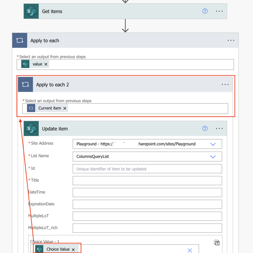 Copy multiple choice values between SP lists (Power Automate)