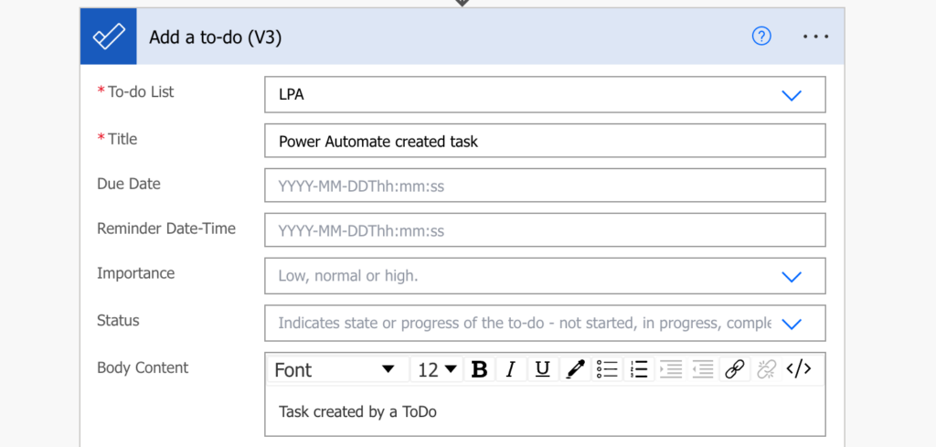 Power Automate create tasks