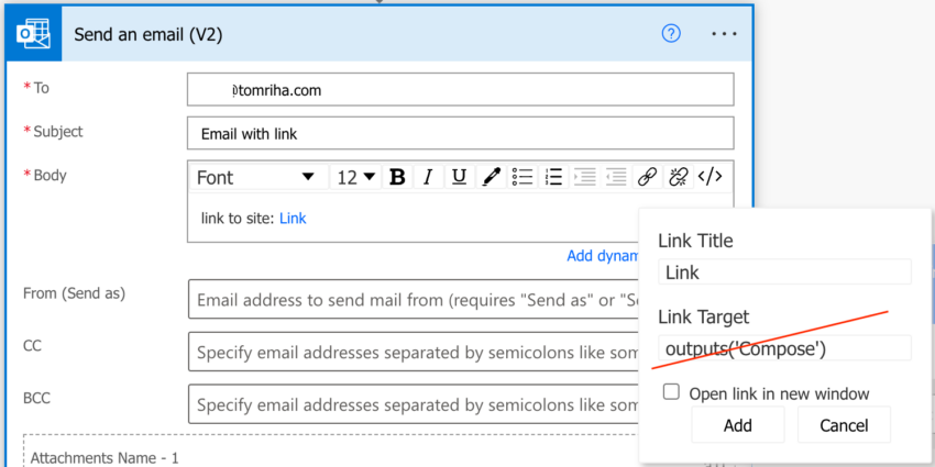 Use dynamic hyperlink in an email sent by Power Automate