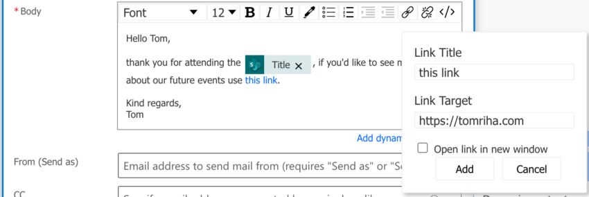 Use dynamic hyperlink in an email sent by Power Automate