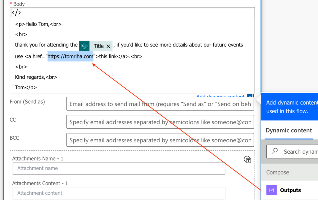 Power Automate email dynamic hyperlink