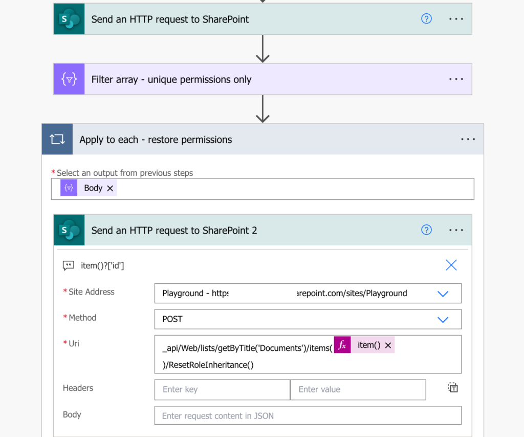 Power Automate documents unique permissions