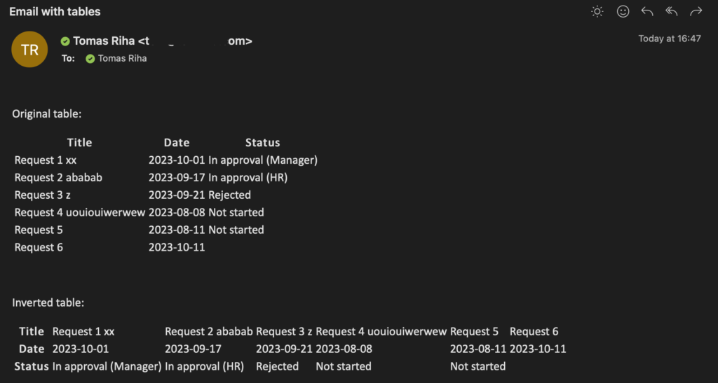 Power Automate invert html table