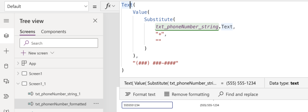 PowerApps format phone number