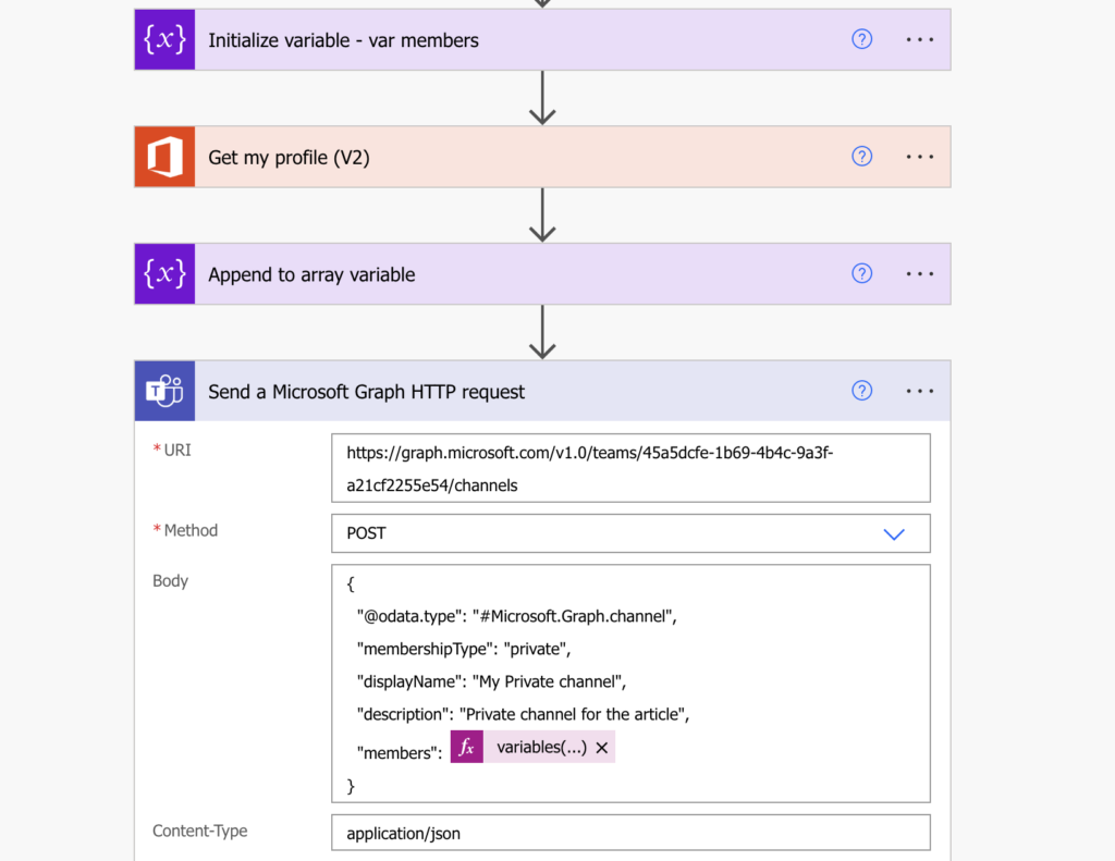 power automate create teams private channel