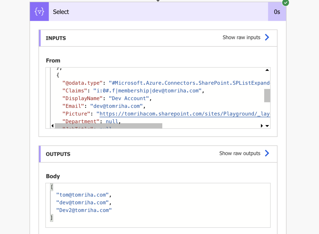 Power Automate select action