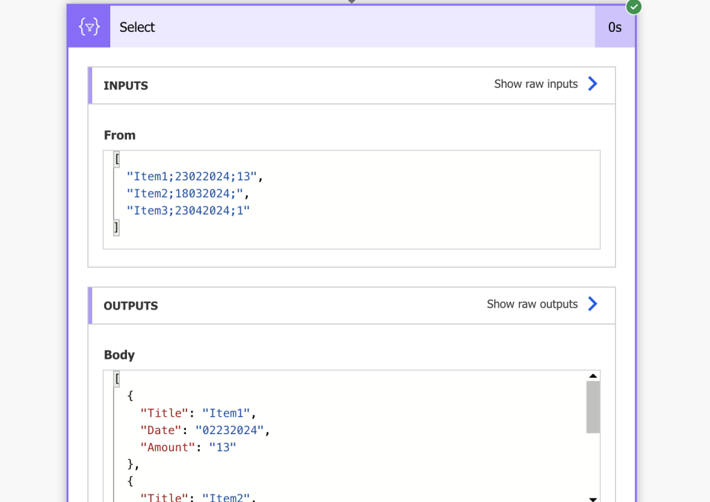 Power Automate select action