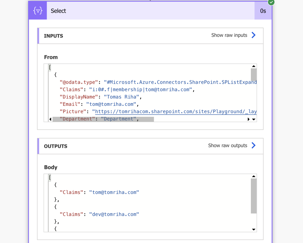 Power Automate select action